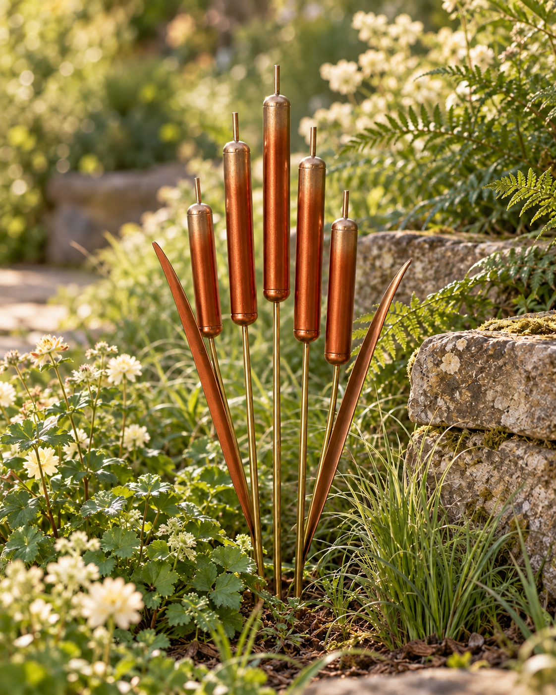 Styled garden scene with five copper-coloured cattail forms and two curved leaves.