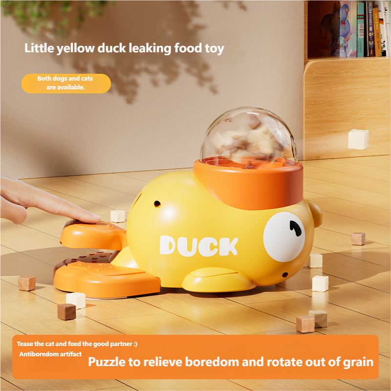 Yellow duck-shaped treat dispenser toy with interactive puzzle design