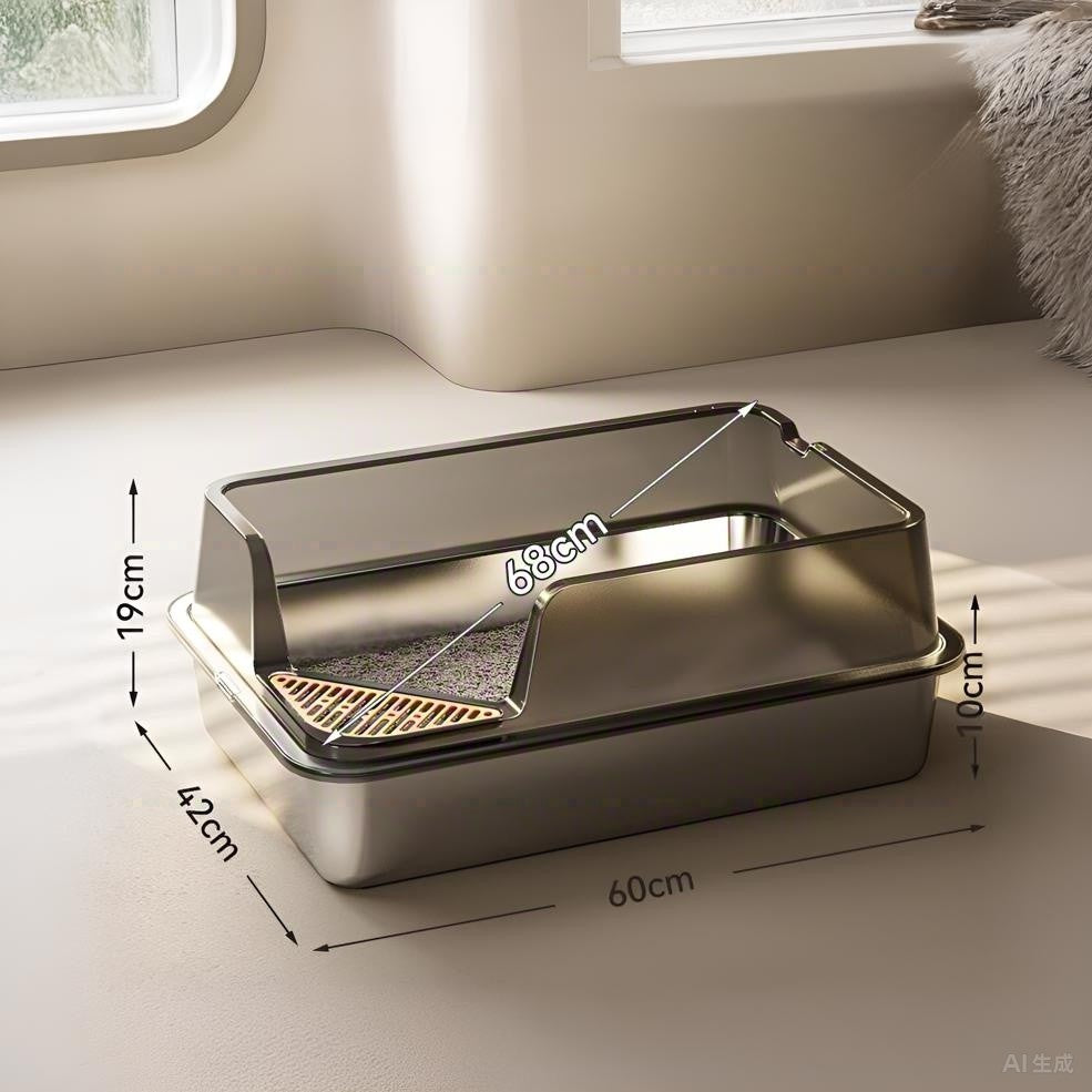 Giant Stainless Steel Litter Box with High Splash Guard (Slanted Entry)