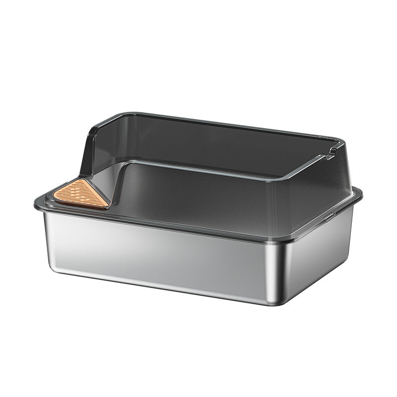 Giant stainless steel cat litter box with high splash guard and slanted entry