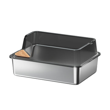 Giant stainless steel cat litter box with high splash guard and slanted entry