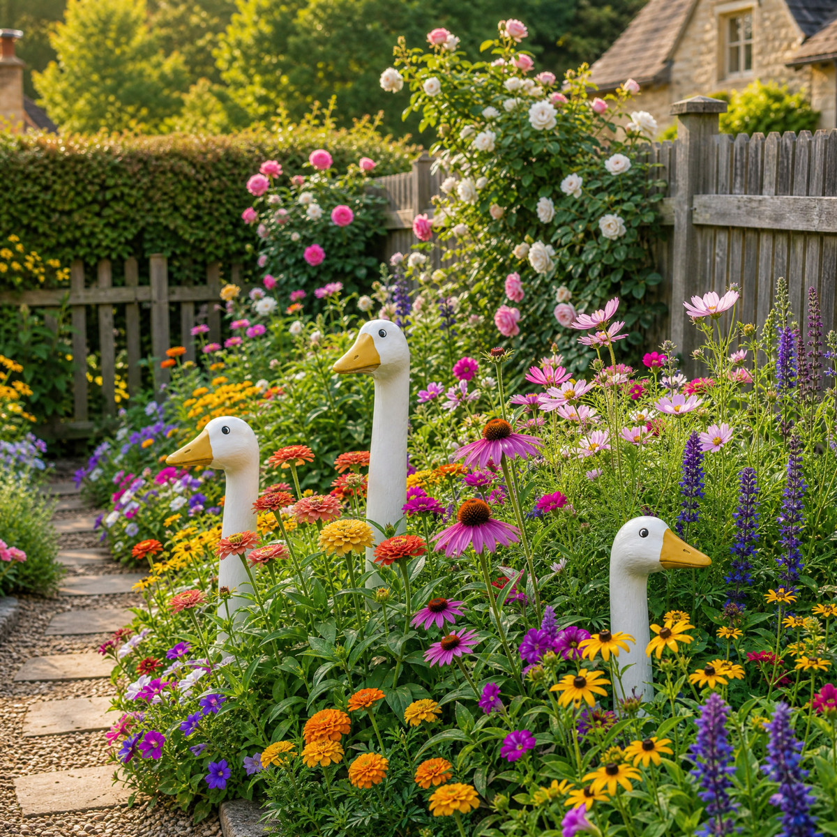 Three peeking goose garden stakes arranged among colorful cottage garden flowers.