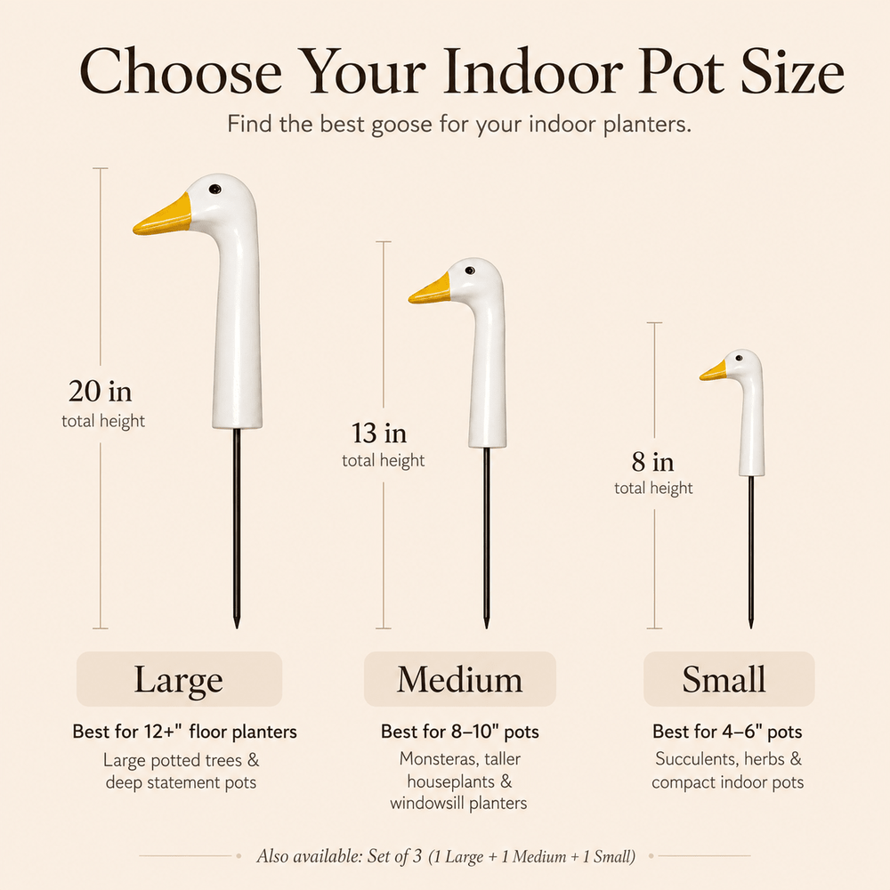 Size guide showing Small 8 inches, Medium 13 inches and Large 20 inches in total length, including the metal stake.
