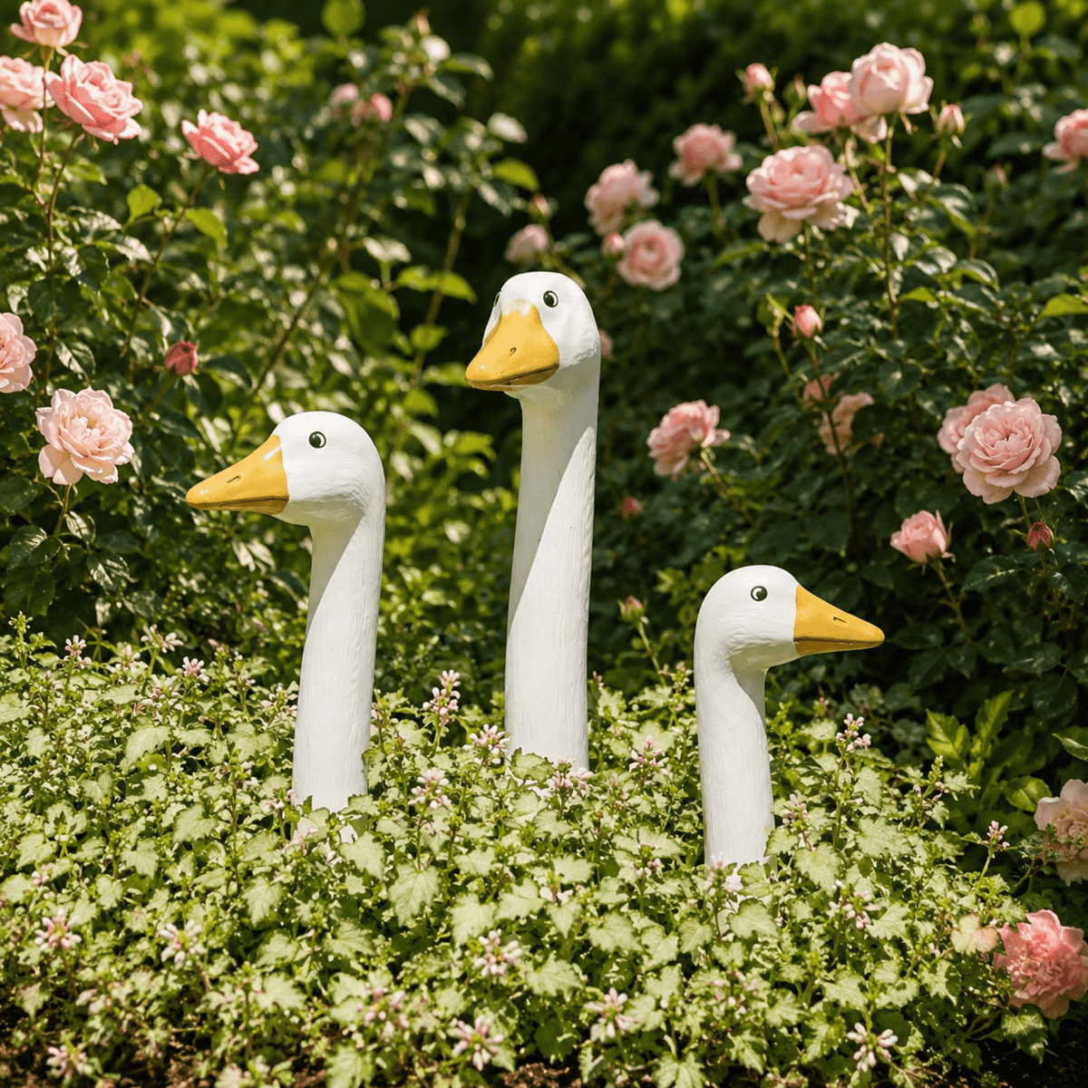 Three white peeking goose garden stakes in different sizes among pink flowers and green foliage.