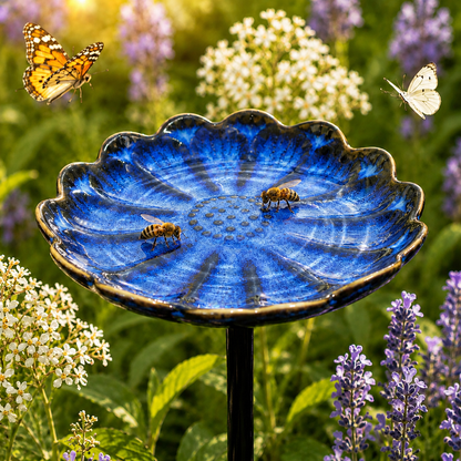 Close-up of a blue glazed ceramic flower waterer