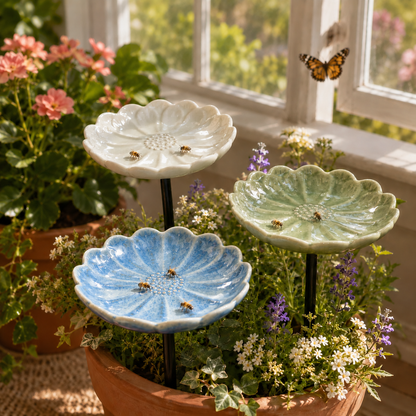 Ivory, green and sky-blue flower waterers beside a window