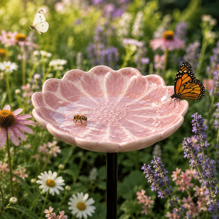 Close-up of a pink glazed ceramic flower waterer