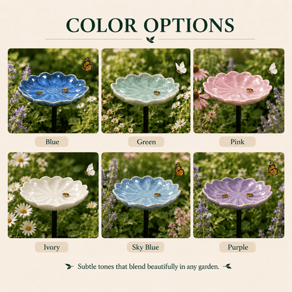 Six labelled ceramic waterer colours: Blue, Green, Pink, Ivory, Sky Blue and Purple