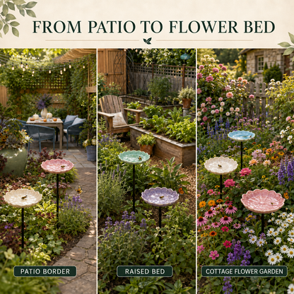 Ceramic flower waterers in patio, raised-bed and cottage-garden settings