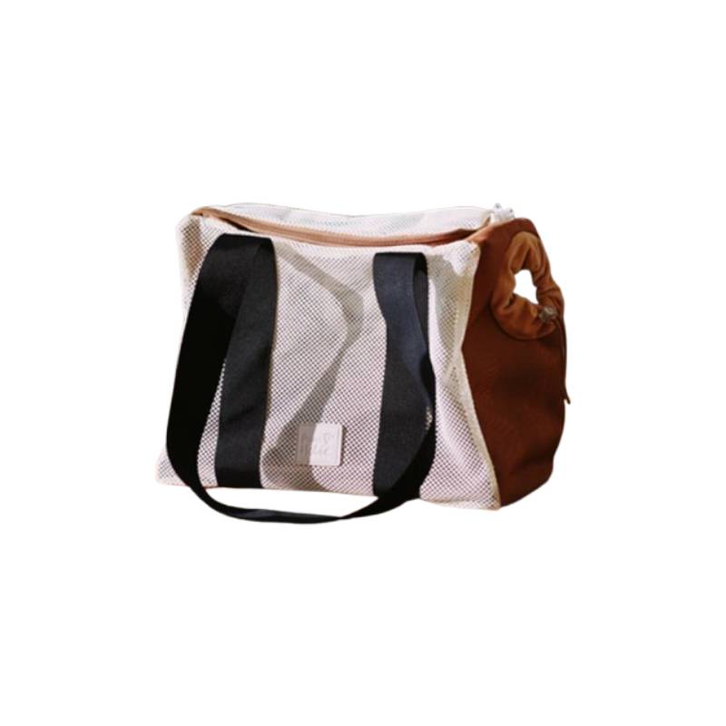 Sand beige mesh shoulder pet carrier with breathable fabric