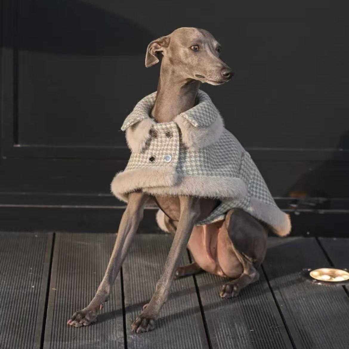 Sand beige houndstooth wool dog coat with tailored fit and warm lining