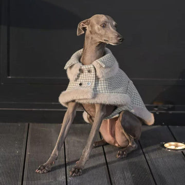 Sand beige houndstooth wool dog coat with tailored fit and warm lining