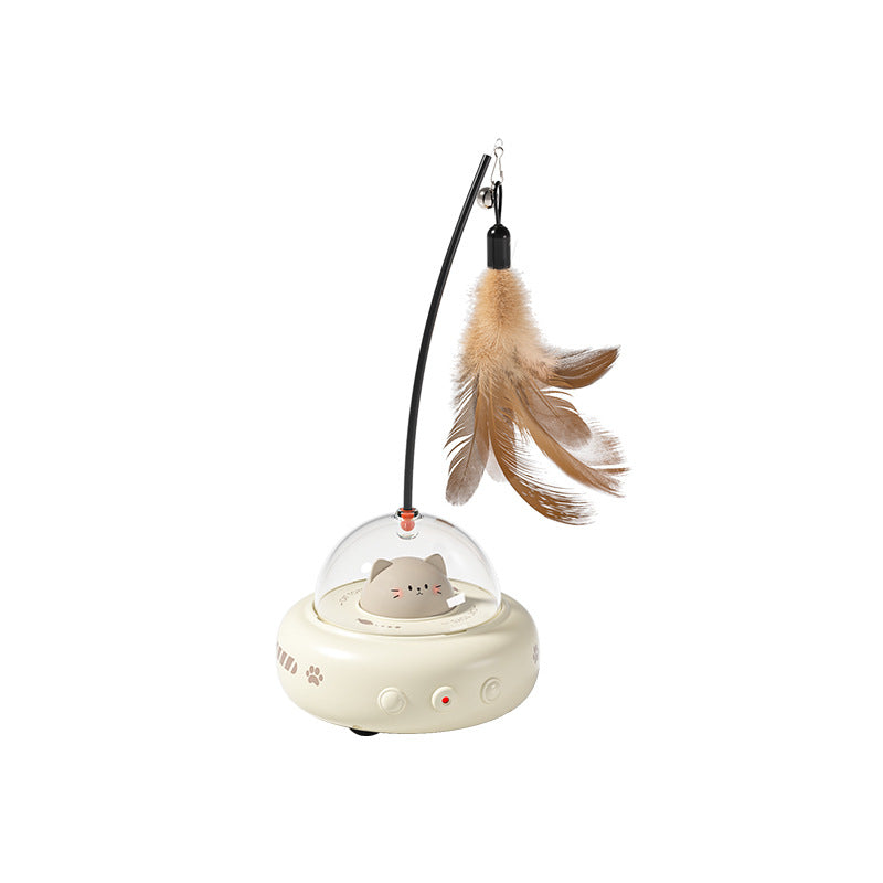 White UFO-shaped automatic cat teaser with laser pointer and feather