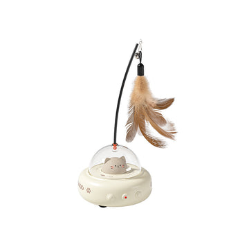 White UFO-shaped automatic cat teaser with laser pointer and feather