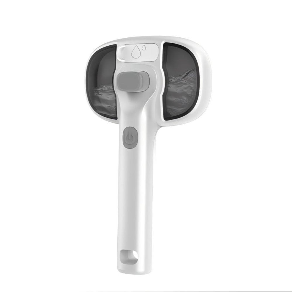 White self-cleaning pet grooming brush with 55ml mist sprayer and stainless steel pins