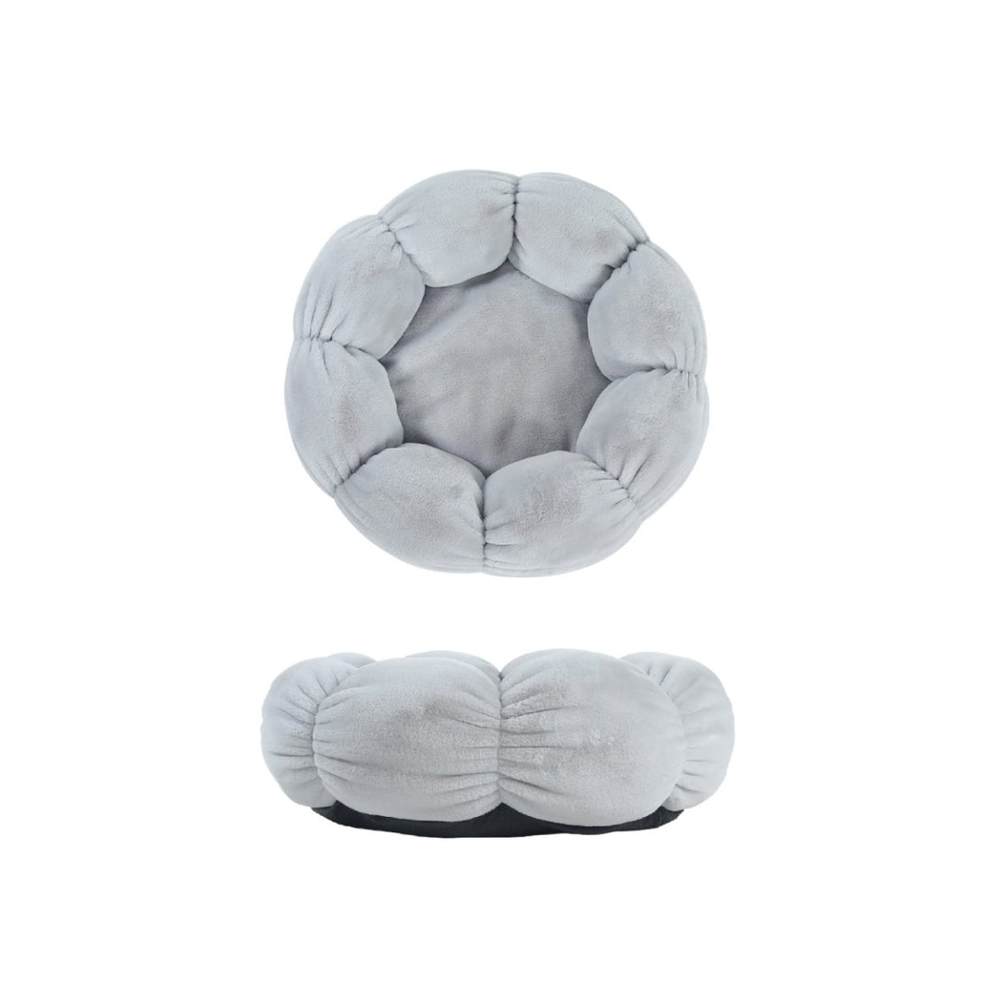 Gray flower-shaped plush pet bed with soft petals for cats and small dogs