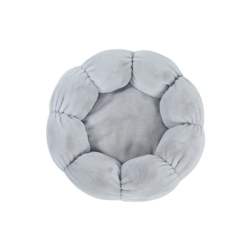 Gray flower-shaped plush pet bed with soft petals for cats and small dogs