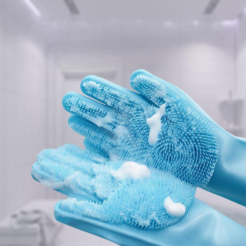Blue silicone pet bath and grooming gloves with massage bristles and long cuffs