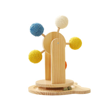Solid wood spinner cat toy with five sisal balls on white background