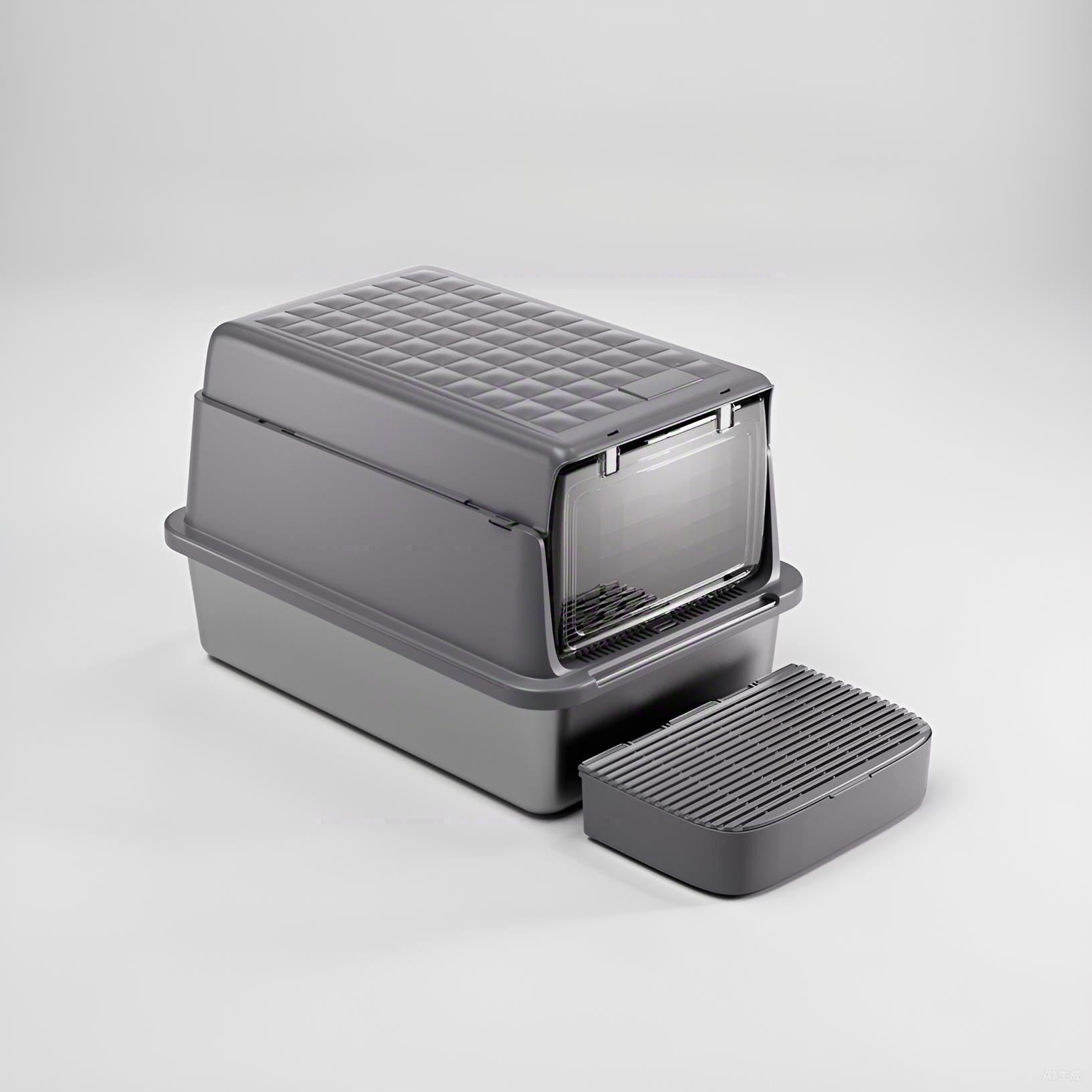 Gray stainless steel hooded cat litter box with removable lid and high walls