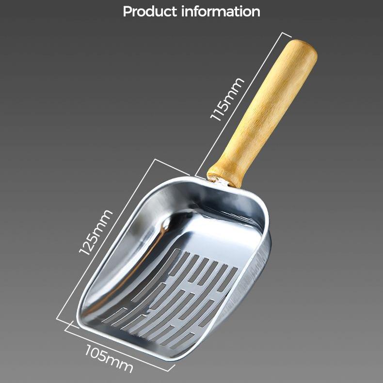 Stainless steel cat litter scoop with natural wood handle and fine mesh