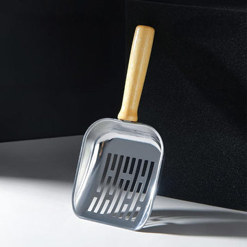 Stainless steel cat litter scoop with natural wood handle and fine mesh