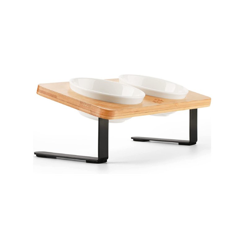 Tilted bamboo double pet bowl with stainless steel inserts and raised stand