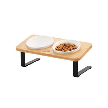 Tilted bamboo double pet bowl with stainless steel inserts and raised stand