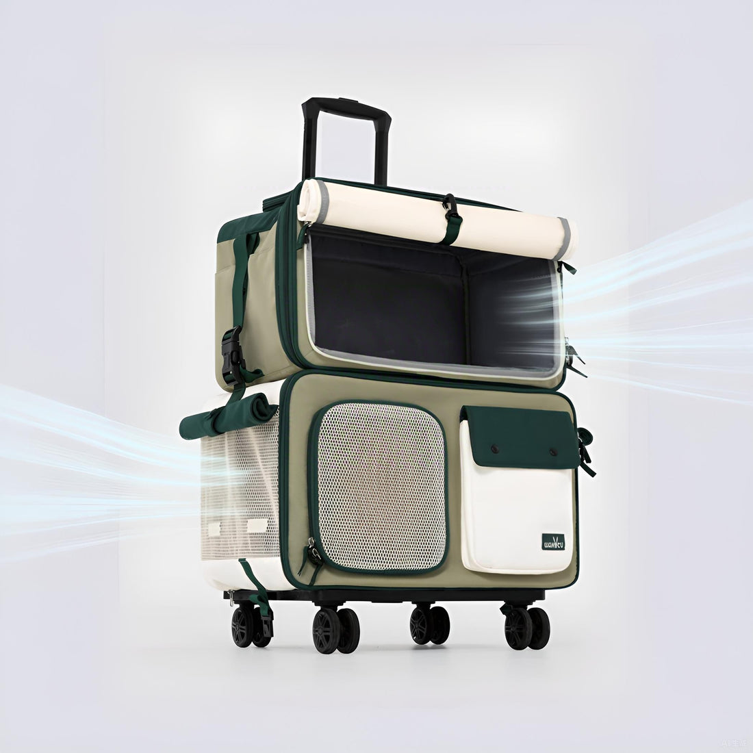 Gray double-deck pet trolley carrier with wheels and mesh windows