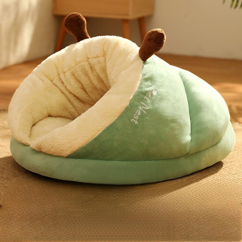 Green slipper-shaped plush pet bed with crystal velvet and non-slip bottom