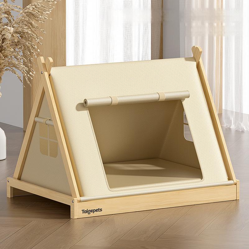 Natural wood and canvas tent pet bed with reversible four-season cushion