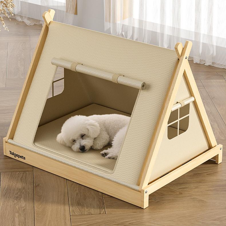 Wood & Canvas Tent Pet Bed with Four‑Season Cushion