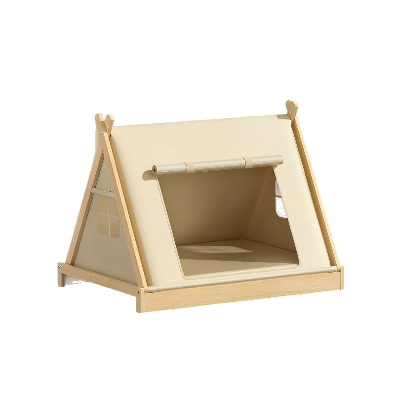 Natural wood and canvas tent pet bed with reversible four-season cushion