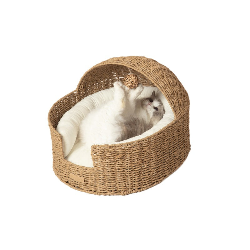 Natural woven rattan cradle cat bed with soft cushion and elevated design